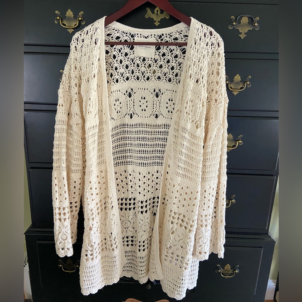 Lucky Brand Cream Open Crochet Sweater Size L